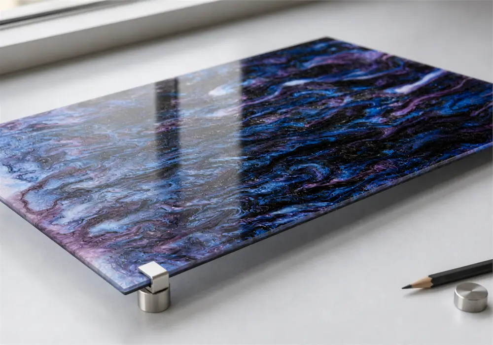Blue and purple iridescent acrylic sheet mounted with metal standoffs