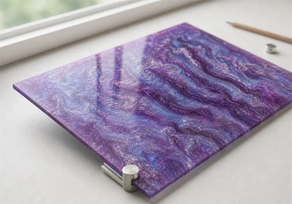 Purple iridescent acrylic sheet with a marbled color-shifting pattern